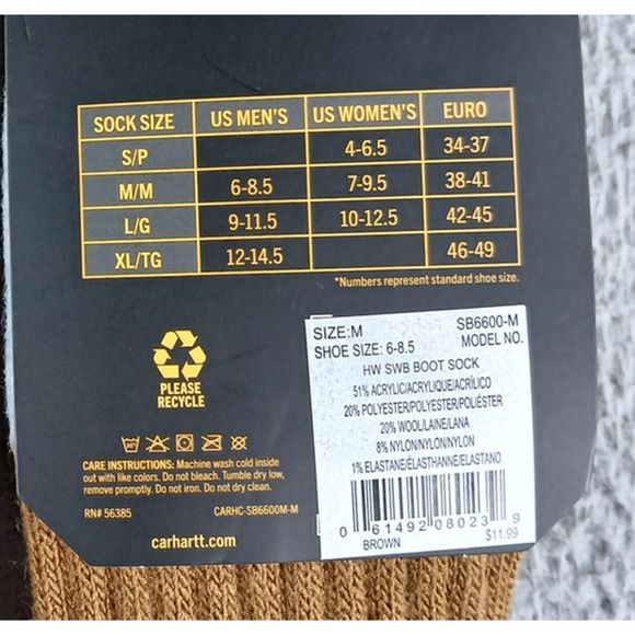 Carhartt Socks 3-PACK Mens Medium (6-8.5) Brown Wool Boot Womens (7-9.5) NWT - Picture 3 of 3
